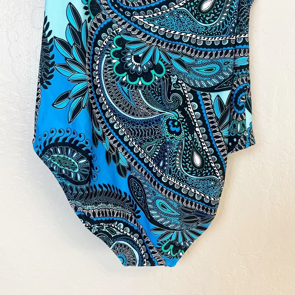 •JANTZEN• Off-the-Shoulder Ruffle One Piece Swimsuit in Aqua Reef‎ Print Size 10